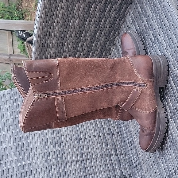 Merrell Dark Earth Leather Riding Boots Performance Footwear with Buckle Detail - Picture 5 of 9